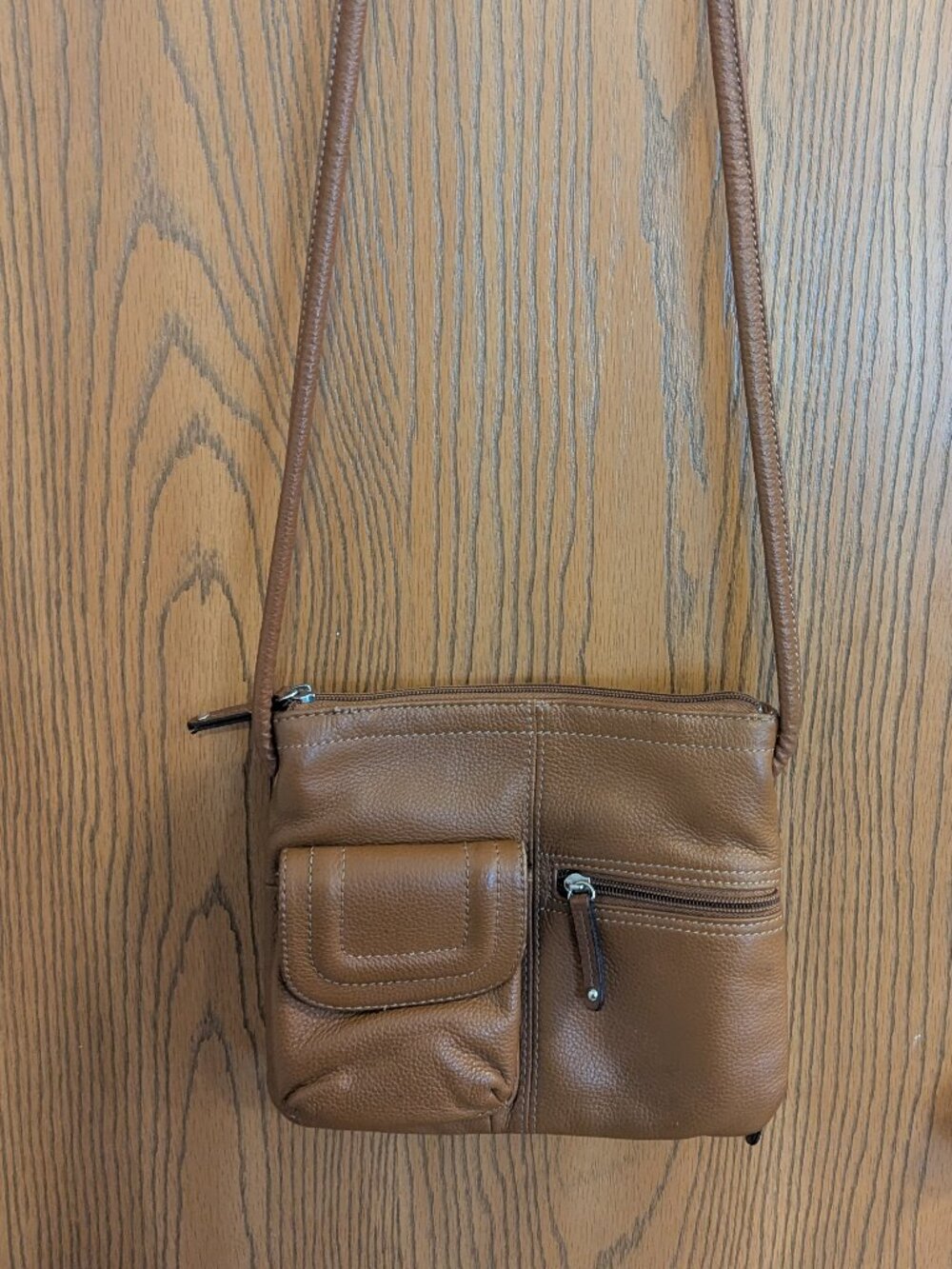 Tignanello Crossbody Genuine Pebbled Leather Bag Pockets Zip-Camel Brown
